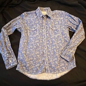 Outdoor Casuals Paisley Western Shirt XL Blue Pearl Snap Cowboy Rodeo Button Up